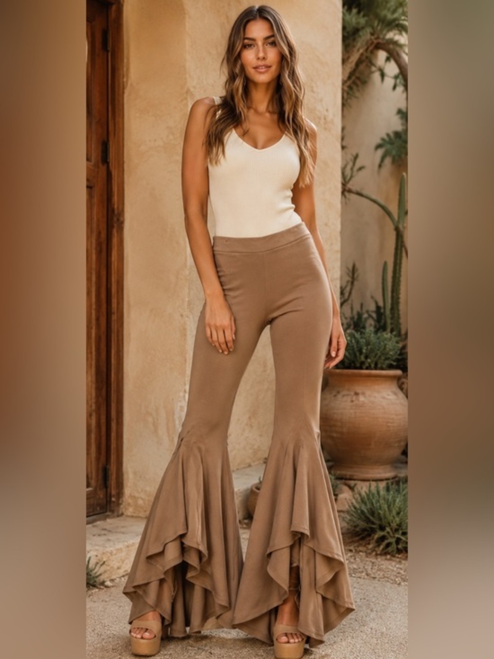 Cato Small Petite Brown Ruffle Bell Bottom Flare Pants NWT Y2K Boho